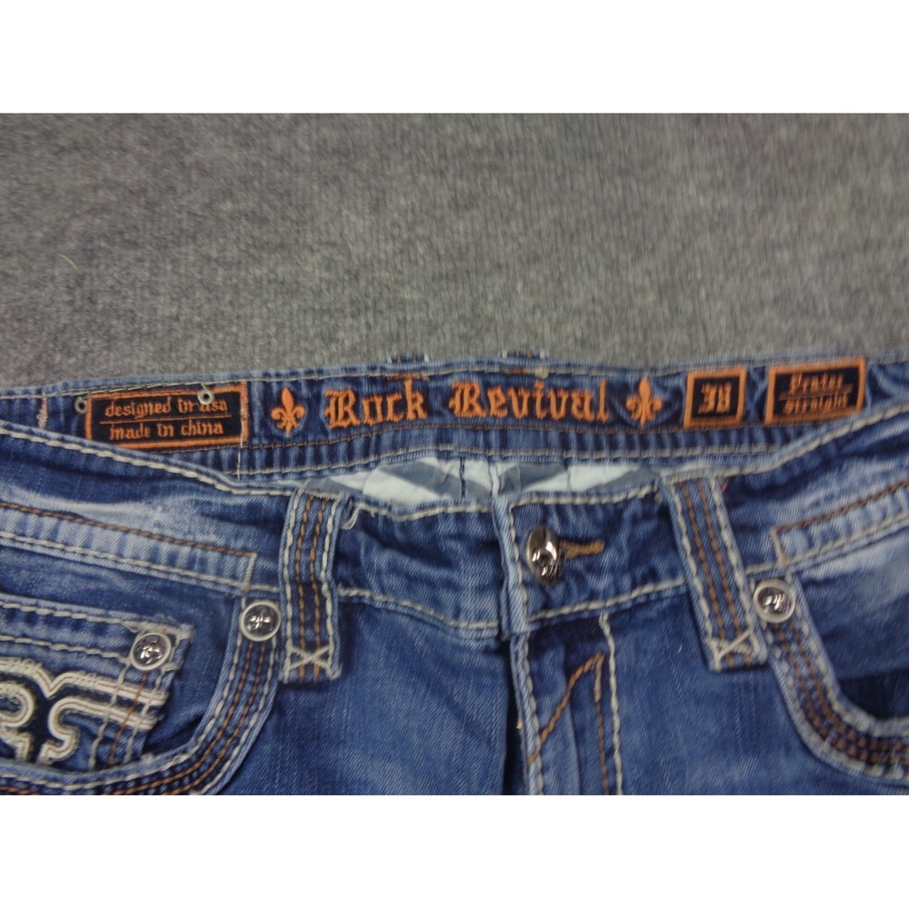 Rock Revival Jeans Mens 38 Blue Prater Straight Leg Embellished Y2K Distressed - Picture 10 of 15